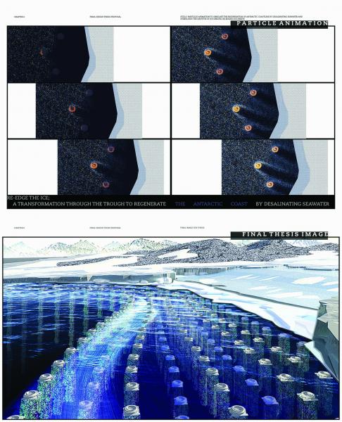 A. Animation: stills of particle animation; to show the simulation of regeneration of Antarctic coastline by deslinating seawater and stimulating the growth of ice shelves; re-edge the ice.

B. 3D Imaging: final thesis image  - the mass distribution of agents of the hybrid Antarctic floating and submersible observatory robotics/system, incorporating semi-permeable membranes to regenerate the Antarctic coastline by desalinating seawater and stimulating the growth of ice shelves; Re-edge the ice 
